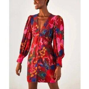 Farm Rio NWT Snake Garden Red Floral Button Front Long Sleeve Mini Dress size L